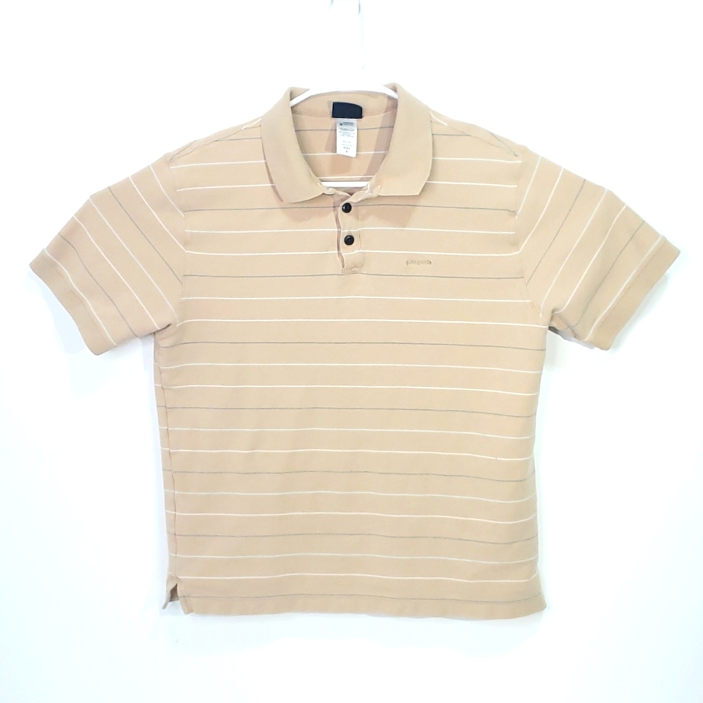 Patagonia Polo Shirt Mens Short Sleeve Tan Striped Organic Cotton Size Medium
